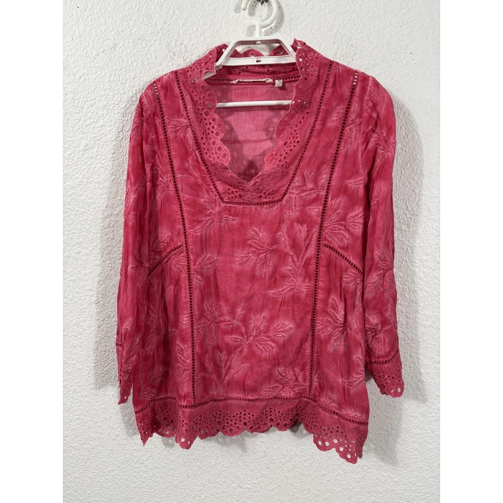 Soft‎ Surroundings Tunic Blouse Womens PS Pink Embroidered Eyelet Boho Top